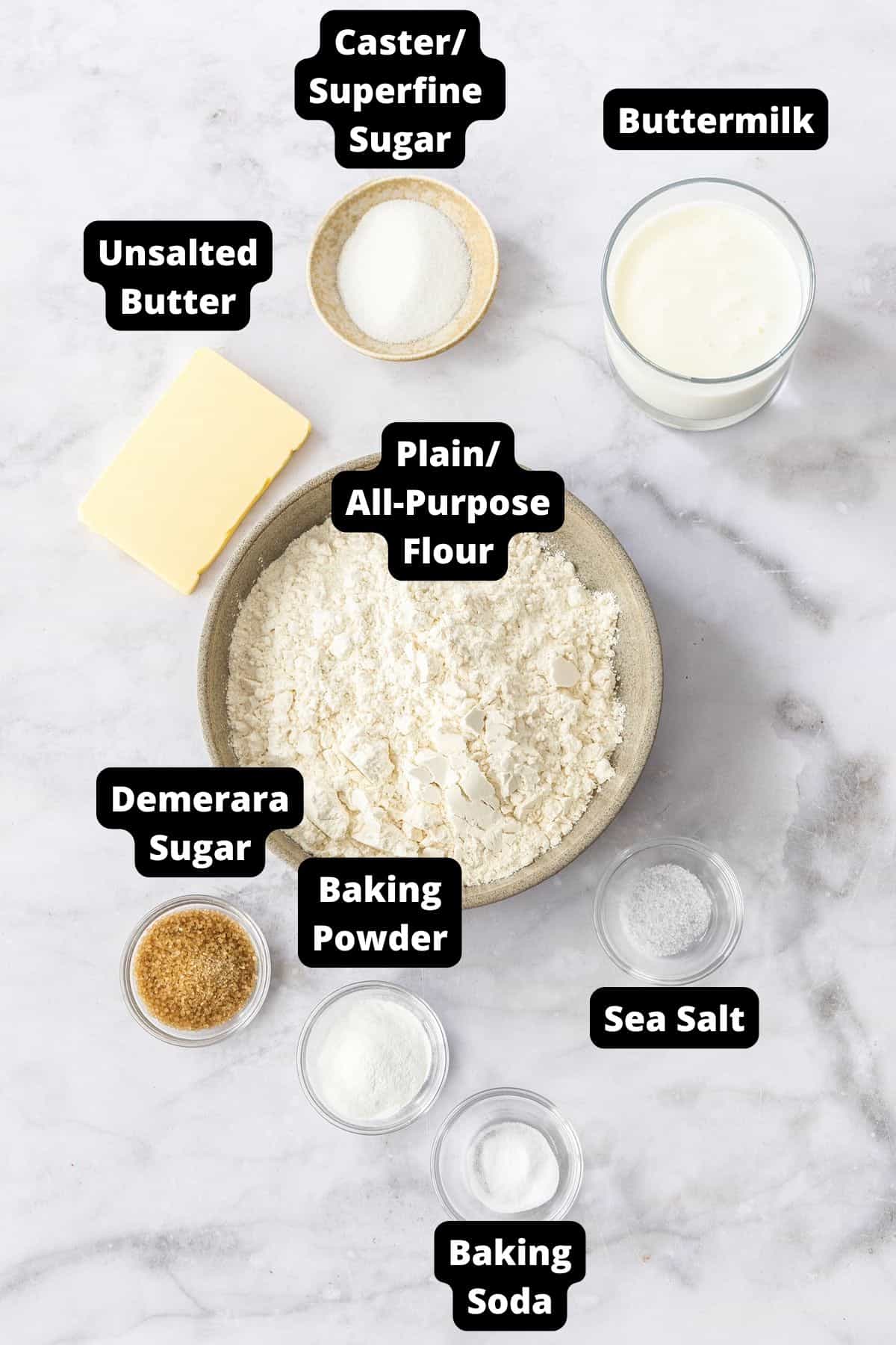 Ingredients in this recipe on a white marble background.