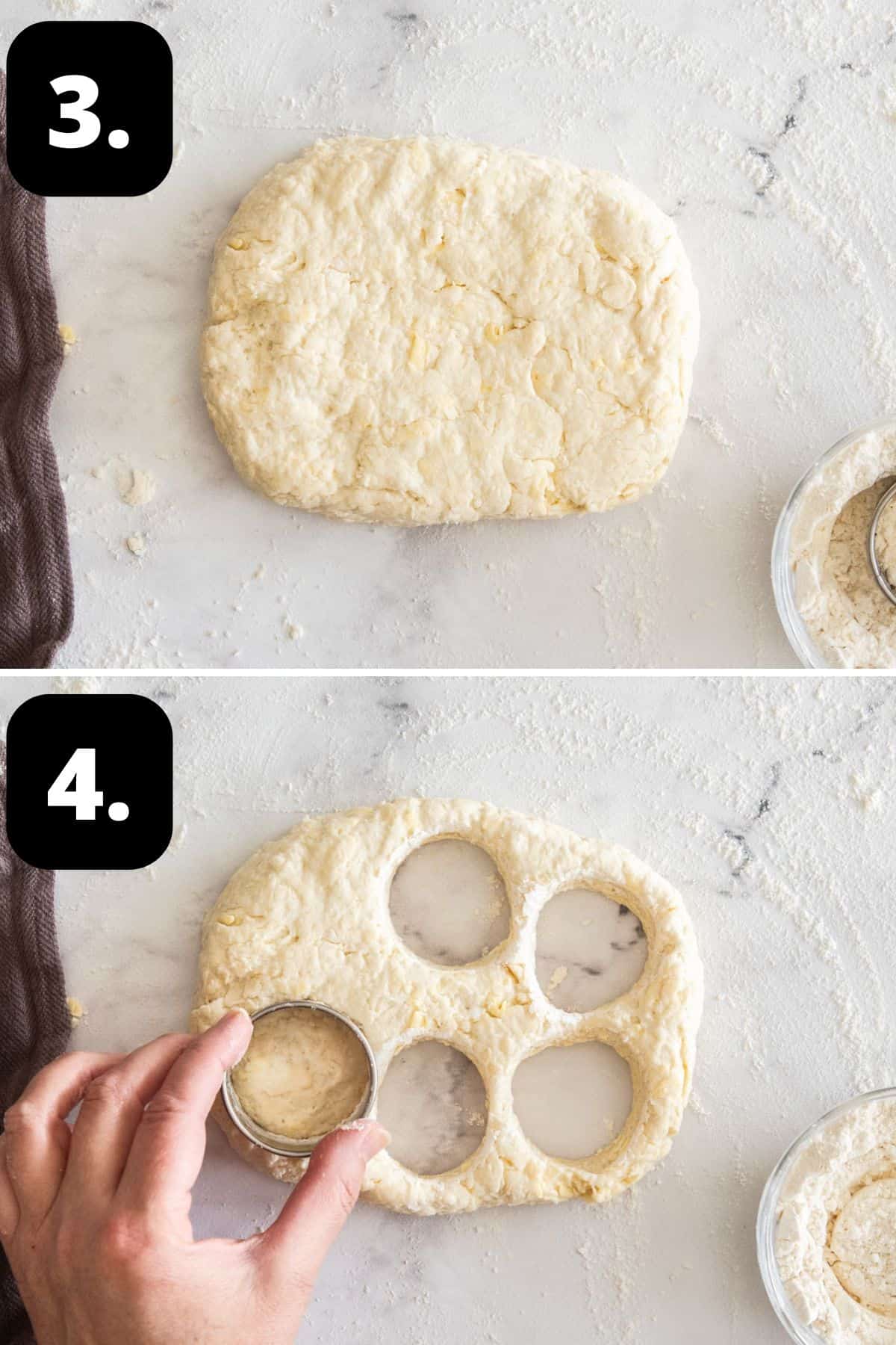 Steps 3-4 of preparing this recipe: the dough formed in a rectangle, and using a round cutter to cut out scones from the dough.