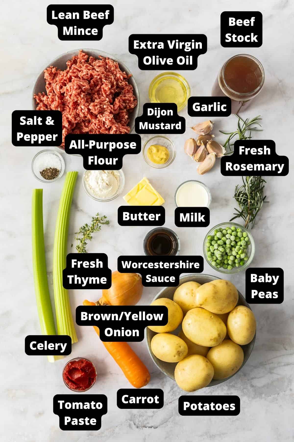 Ingredients in this recipe on a white marble background.