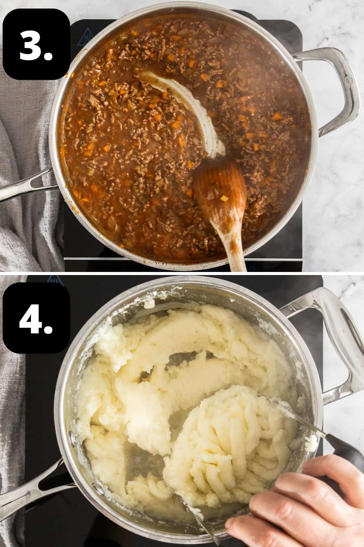 Steps 3-4 of preparing this recipe: the cooked meat filling in the frying pan and mashing the potatoes for the topping.