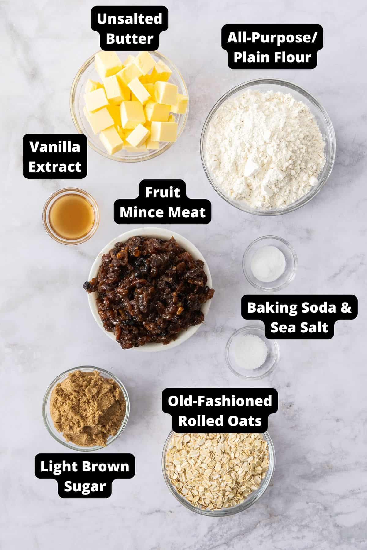 Ingredients in this recipe on a white marble background.