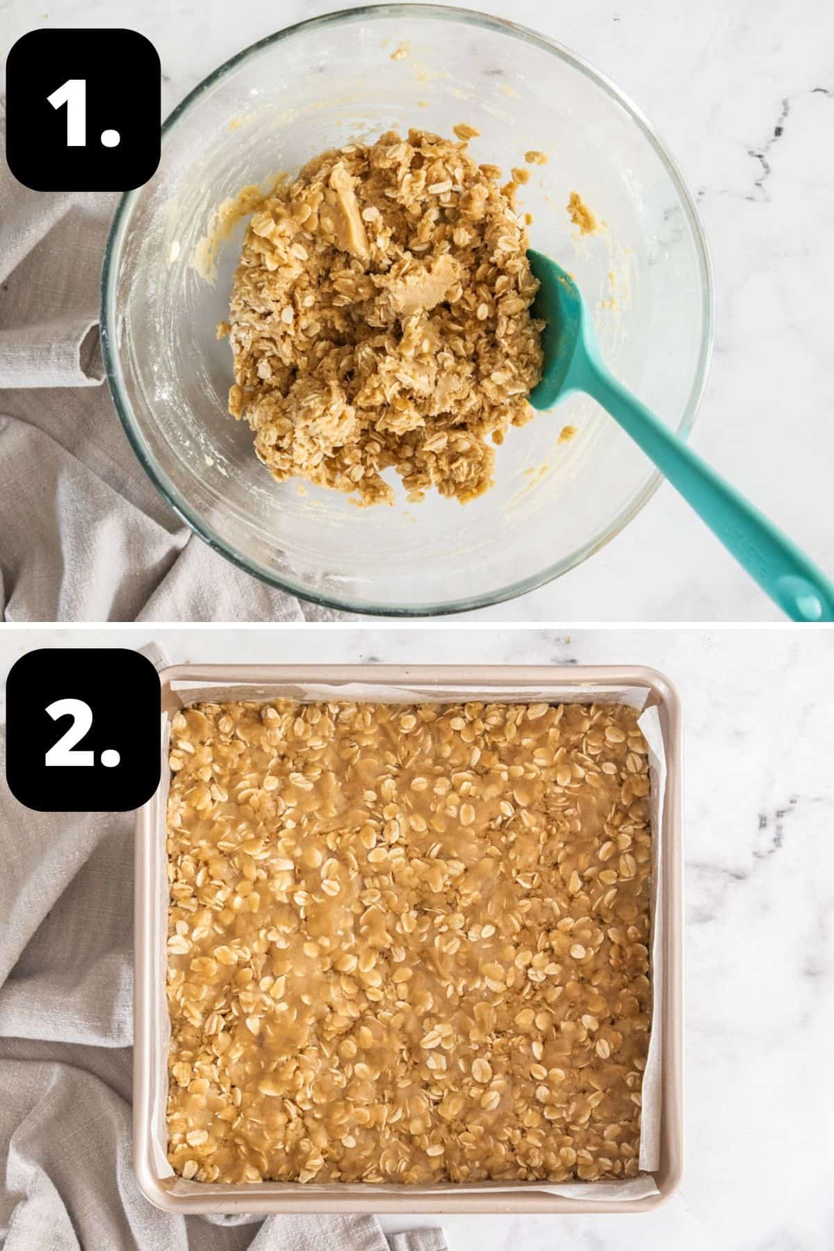 Steps 1-2 of preparing this recipe: making the oatmeal base and topping in a glass bowl and the base in the baking tin.