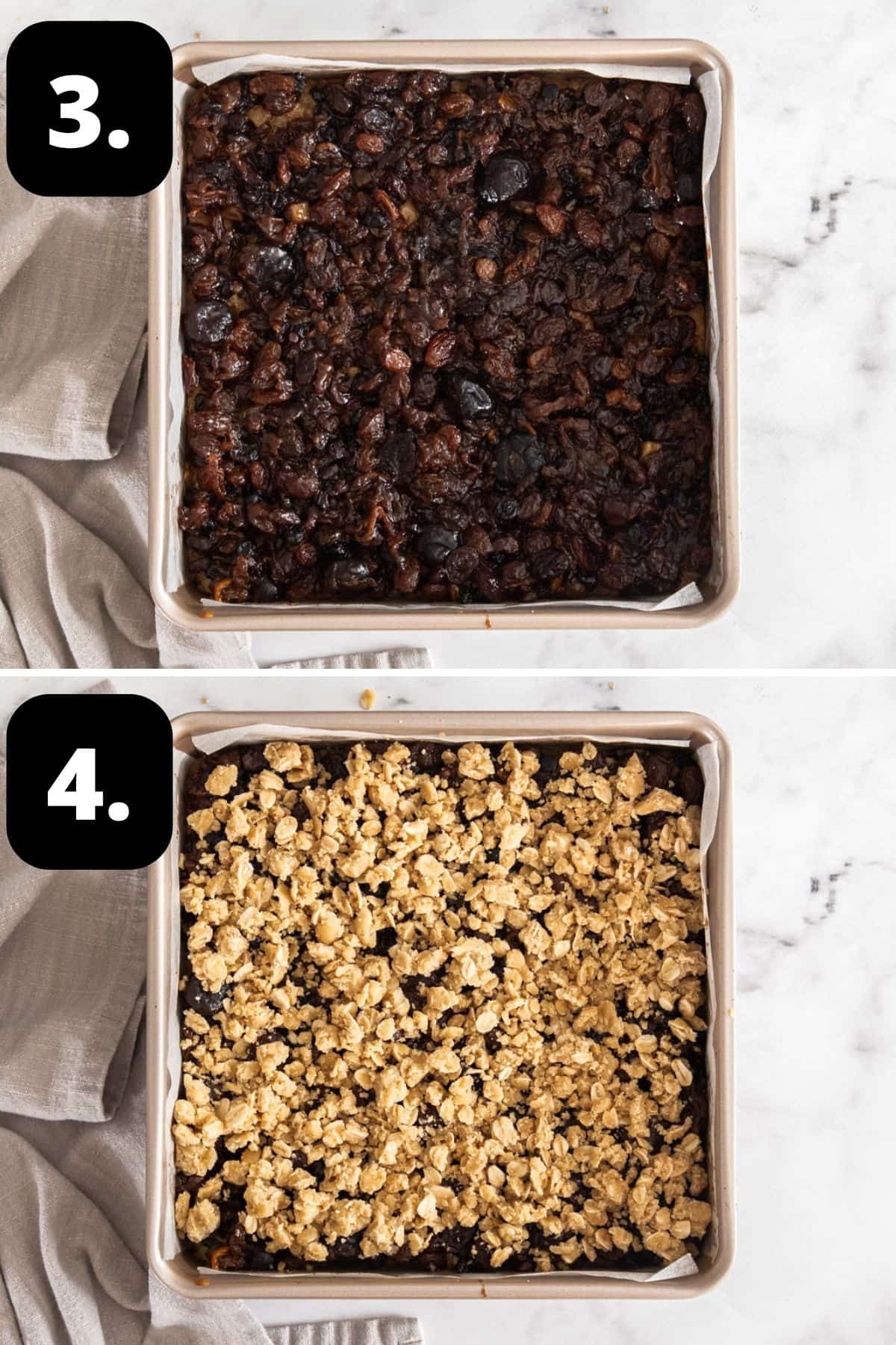 Steps 3-4 of preparing this recipe: fruit mince topping the base and the rest of the oatmeal mixture crumbled over the top.