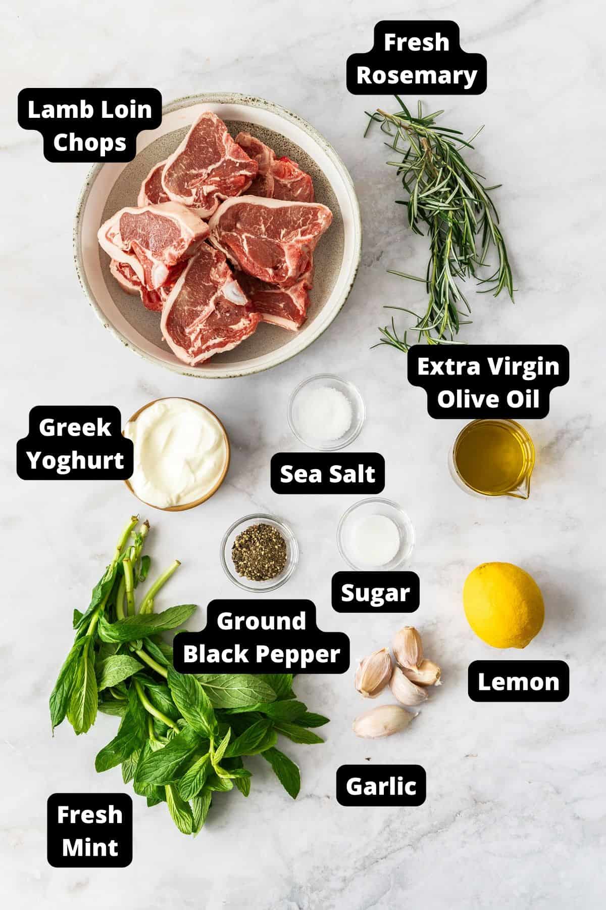 Ingredients in this recipe on a white marble background.