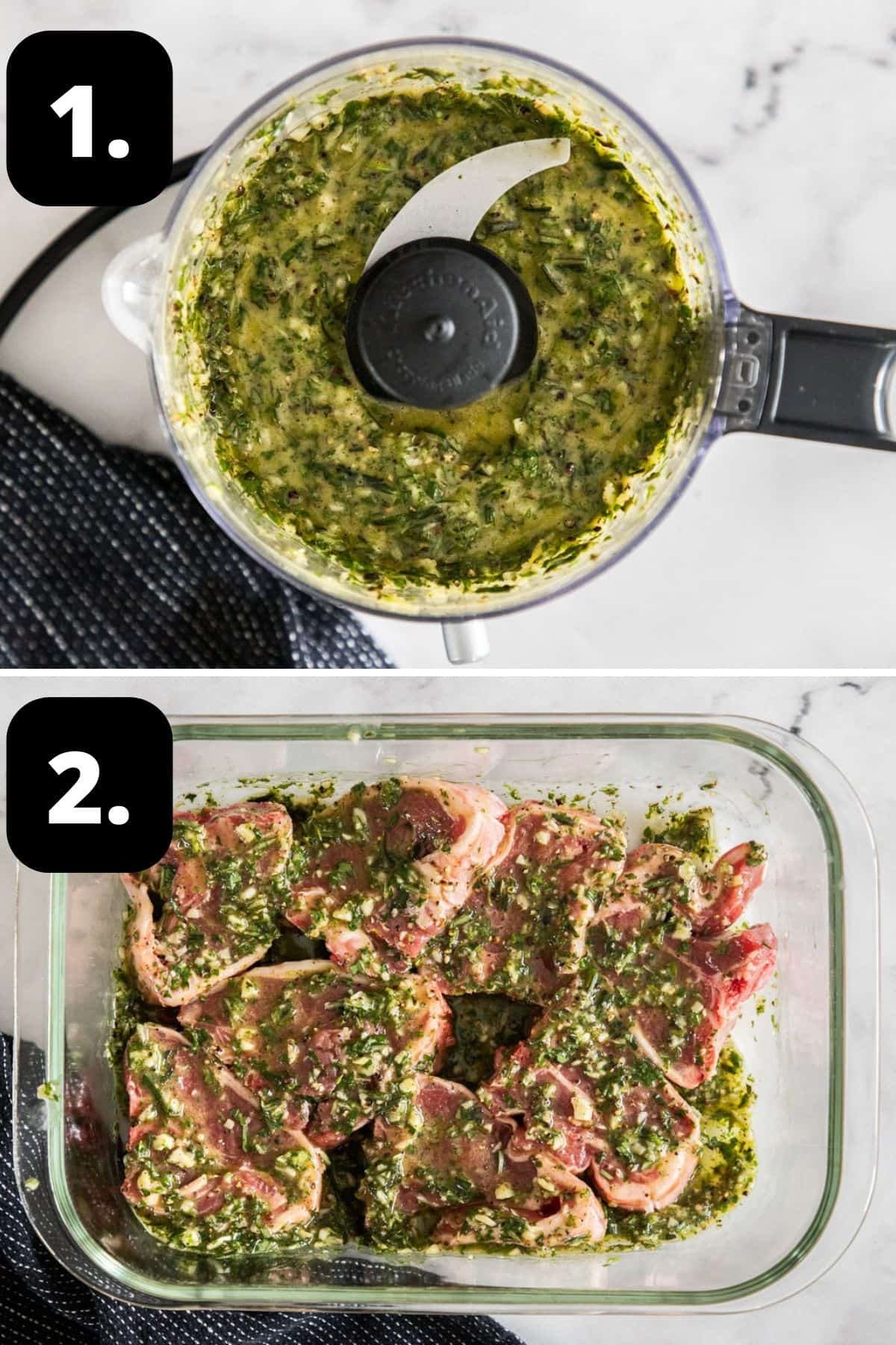 Steps 1-2 of preparing this recipe: the marinade in a food processor and the chops in a glass dish topped with the marinade.