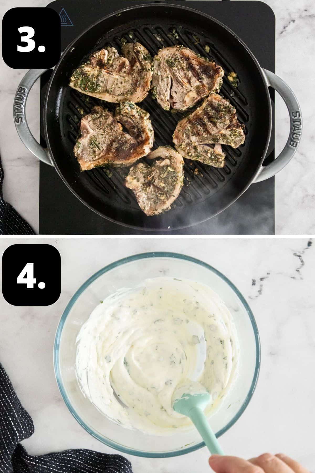 Steps 3-4 of preparing this recipe: grilling the lamb chops in a pan and making the yoghurt sauce in a small glass bowl.