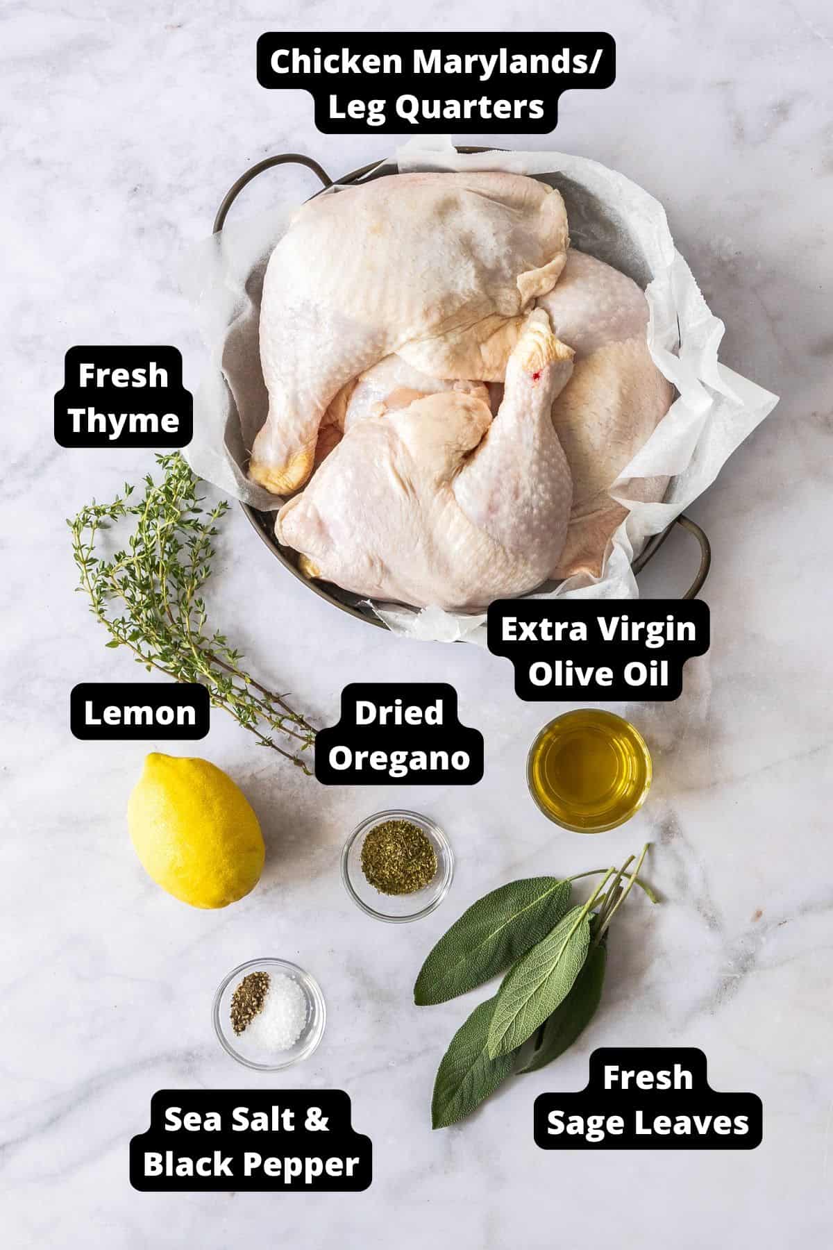 Ingredients in this recipe on a white marble background.