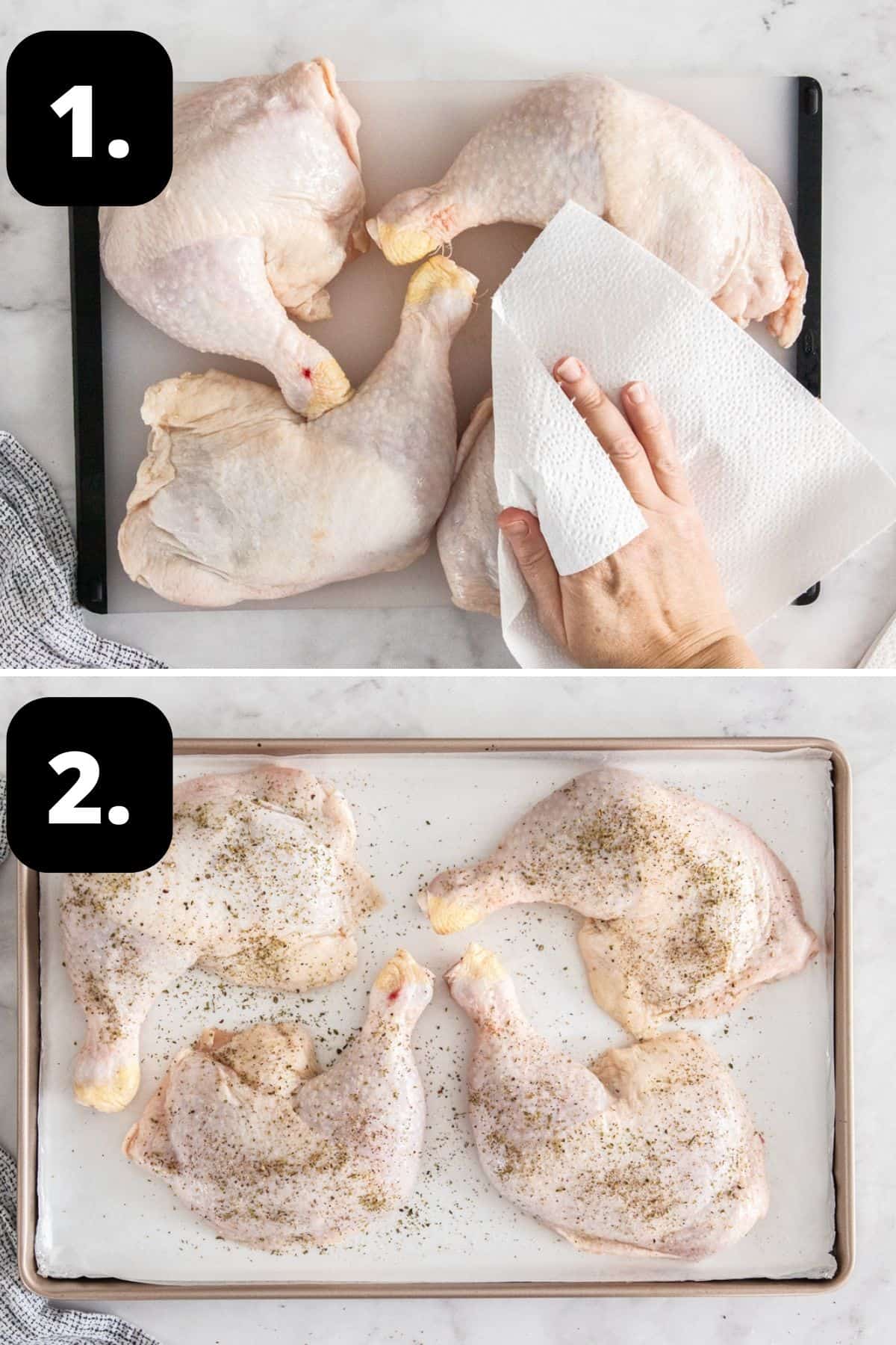 Steps 1-2 of preparing this recipe: patting the chicken dry with paper towel and seasoning the chicken with salt and pepper.