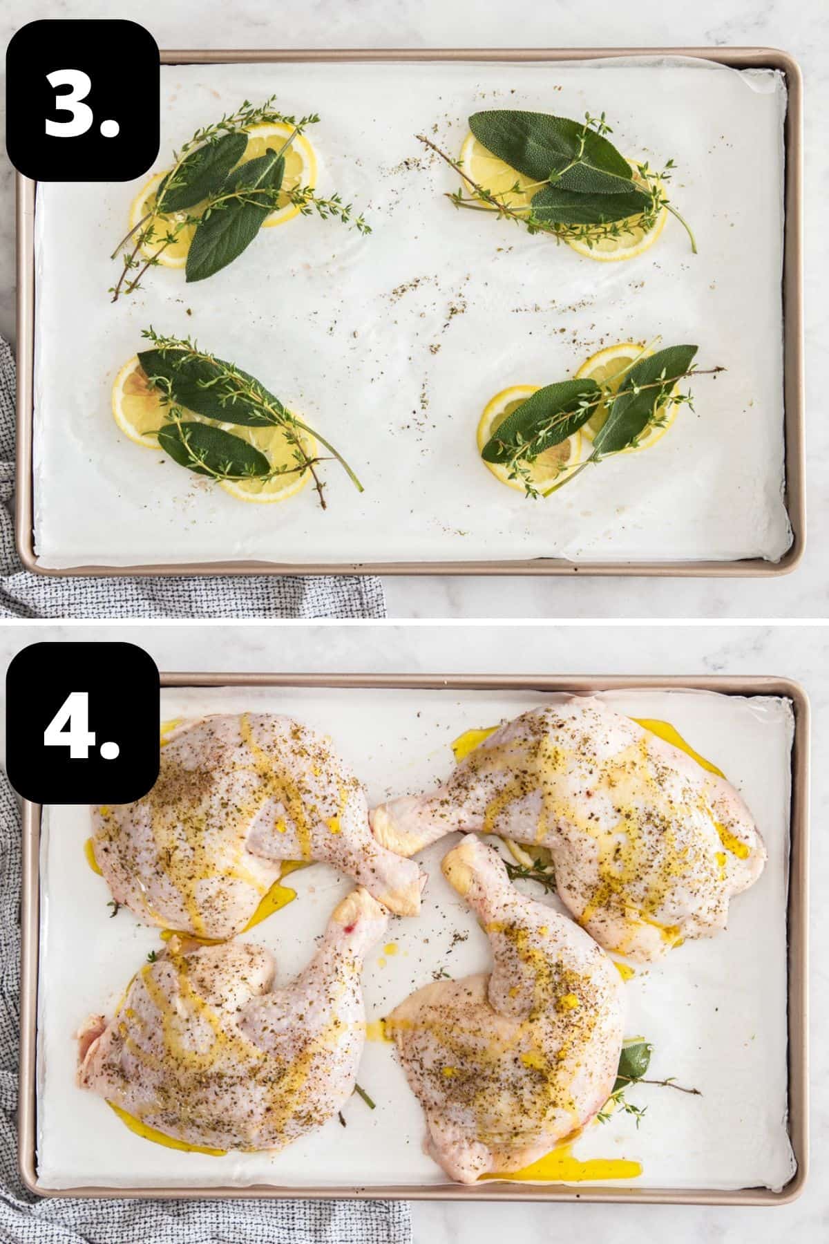 Steps 3-4 of preparing this recipe: preparing a base of lemon and herbs on a baking tray and sitting the chicken on top.