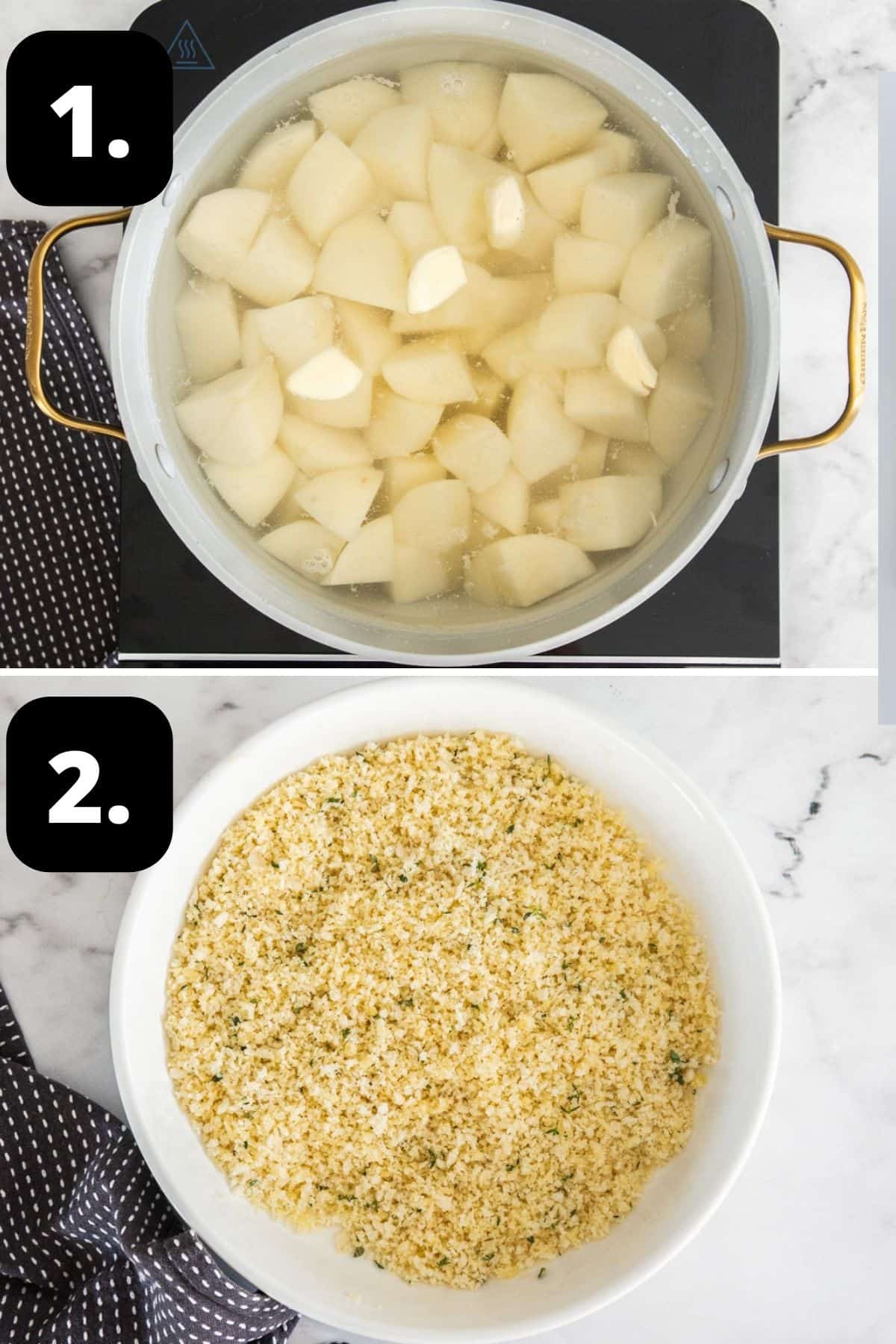 Steps 1-2 of preparing this recipe: cooking the potatoes in a saucepan of water and preparing the breadcrumb topping.