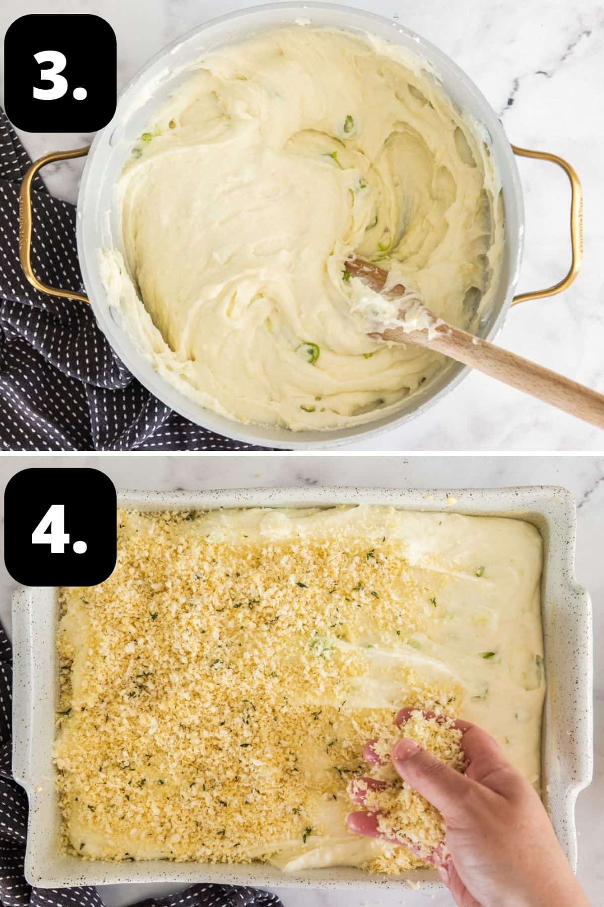 Steps 3-4 of preparing this recipe: mashed potato in a saucepan and in the baking dish with the breadcrumbs sprinkled on top.