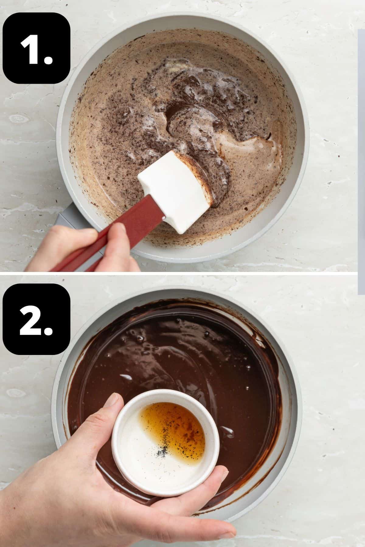 Steps 1-2 of preparing this recipe: stirring the chocolate through warm cream and adding vanilla to the ganache.