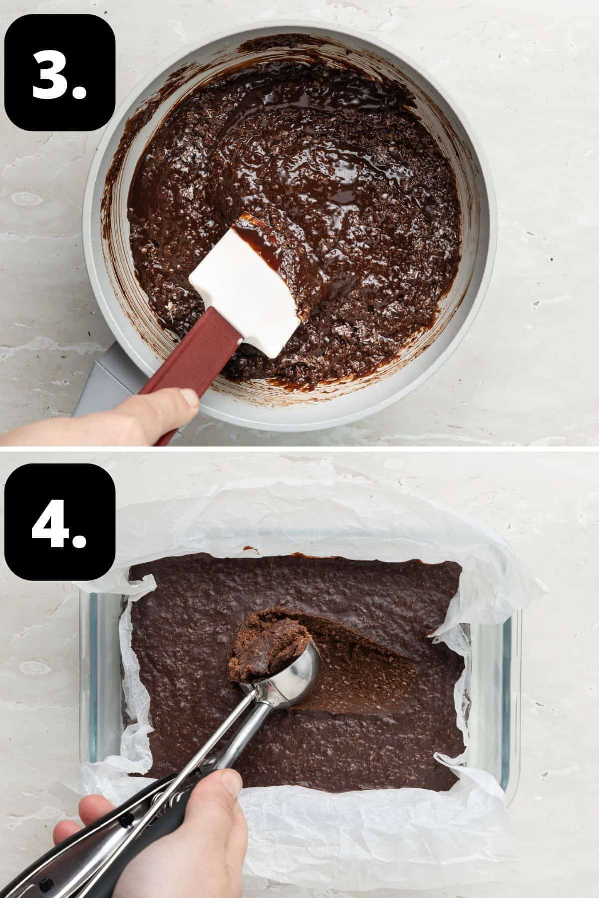 Steps 3-4 of preparing this recipe: stirring the coconut through the ganache and the chilled mixture ready for scooping.