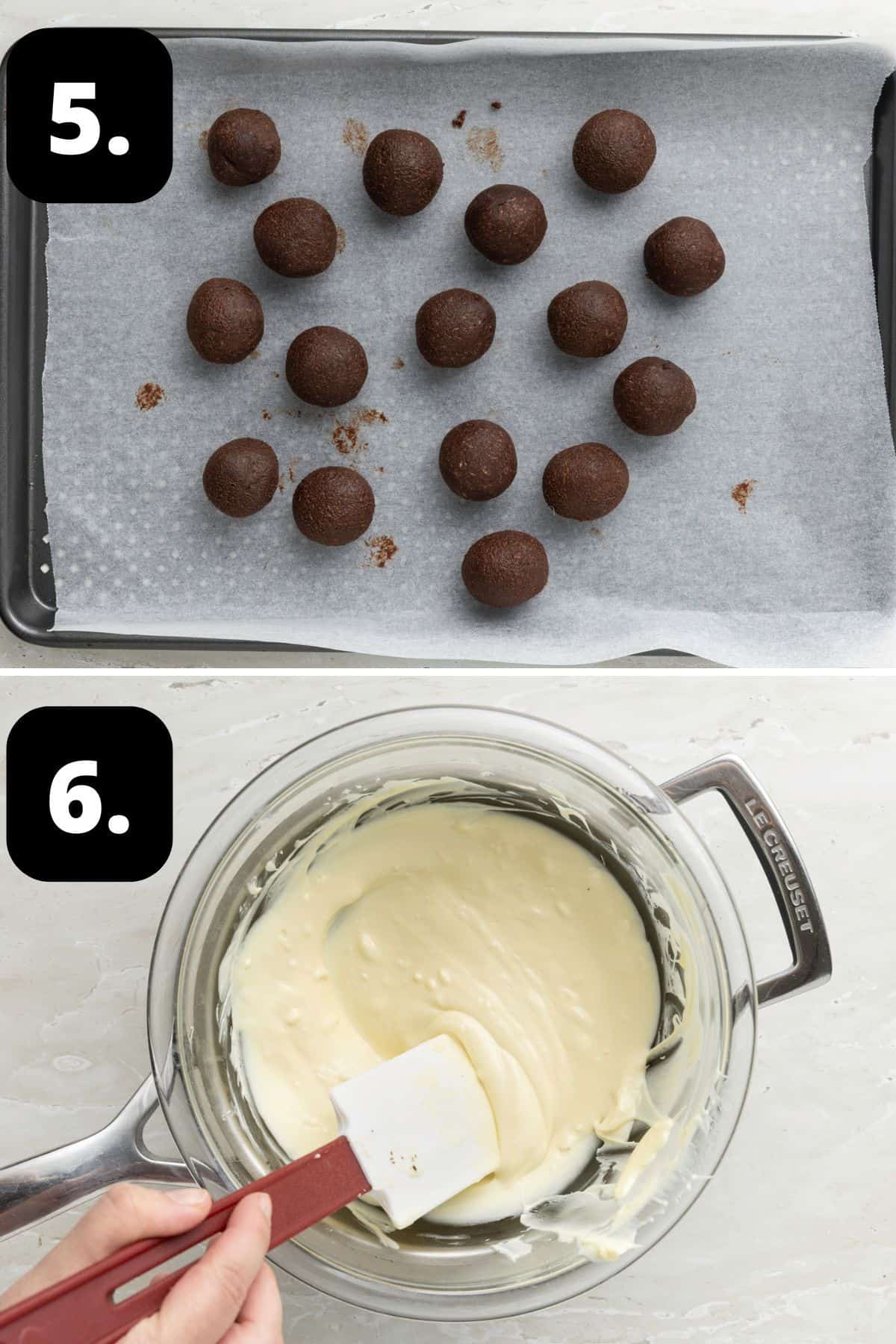 Steps 5-6 of preparing this recipe: the truffles rolled into balls and melting the white chocolate for coating.