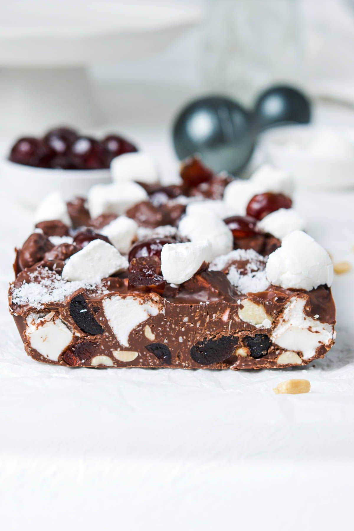 A slab of Rocky Road, before being cut into pieces, to show the texture inside.