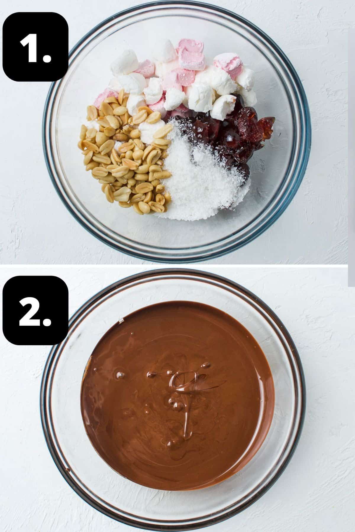 Steps 1-2 of preparing this recipe: the cut up ingredients in a bowl and the melted chocolate in another bowl.