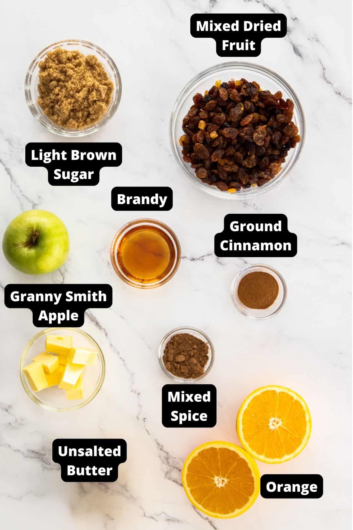 Ingredients in this recipe on a white marble background.