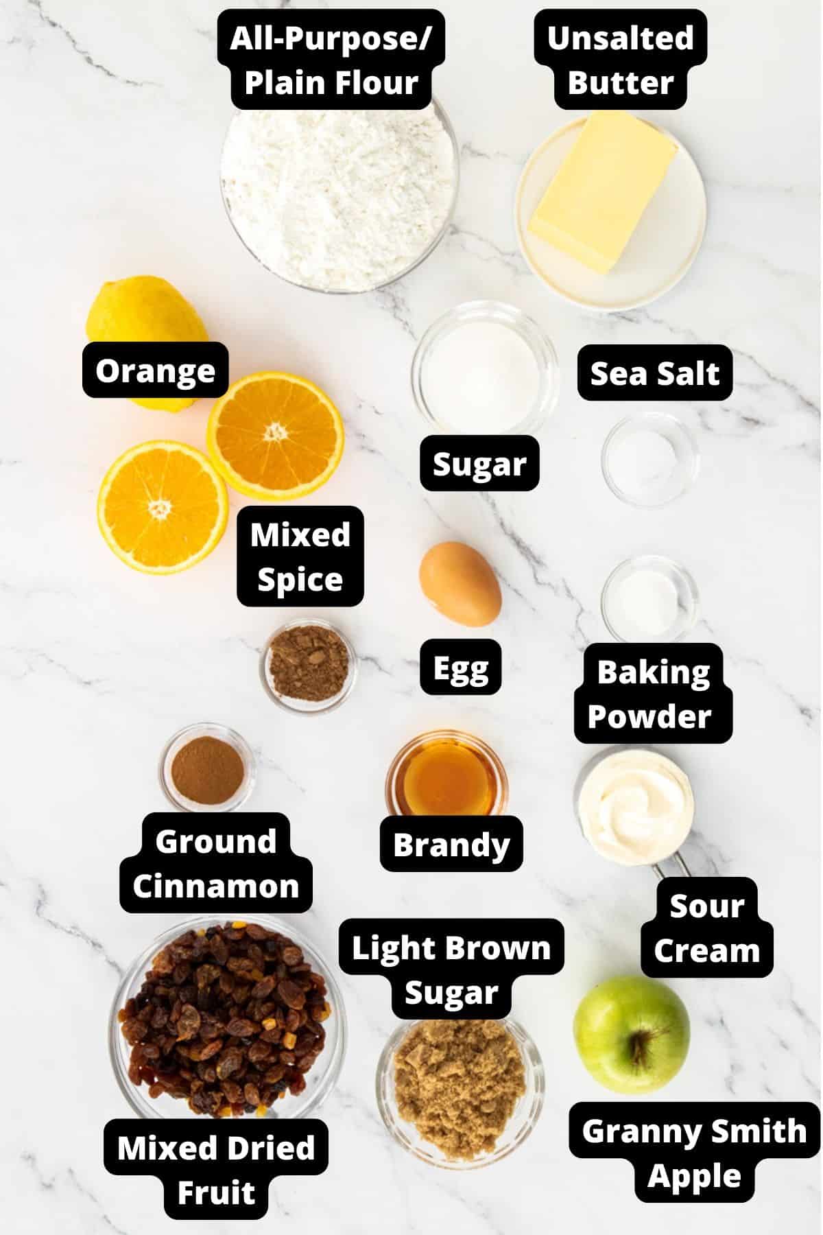 Ingredients in this recipe on a white marble background.