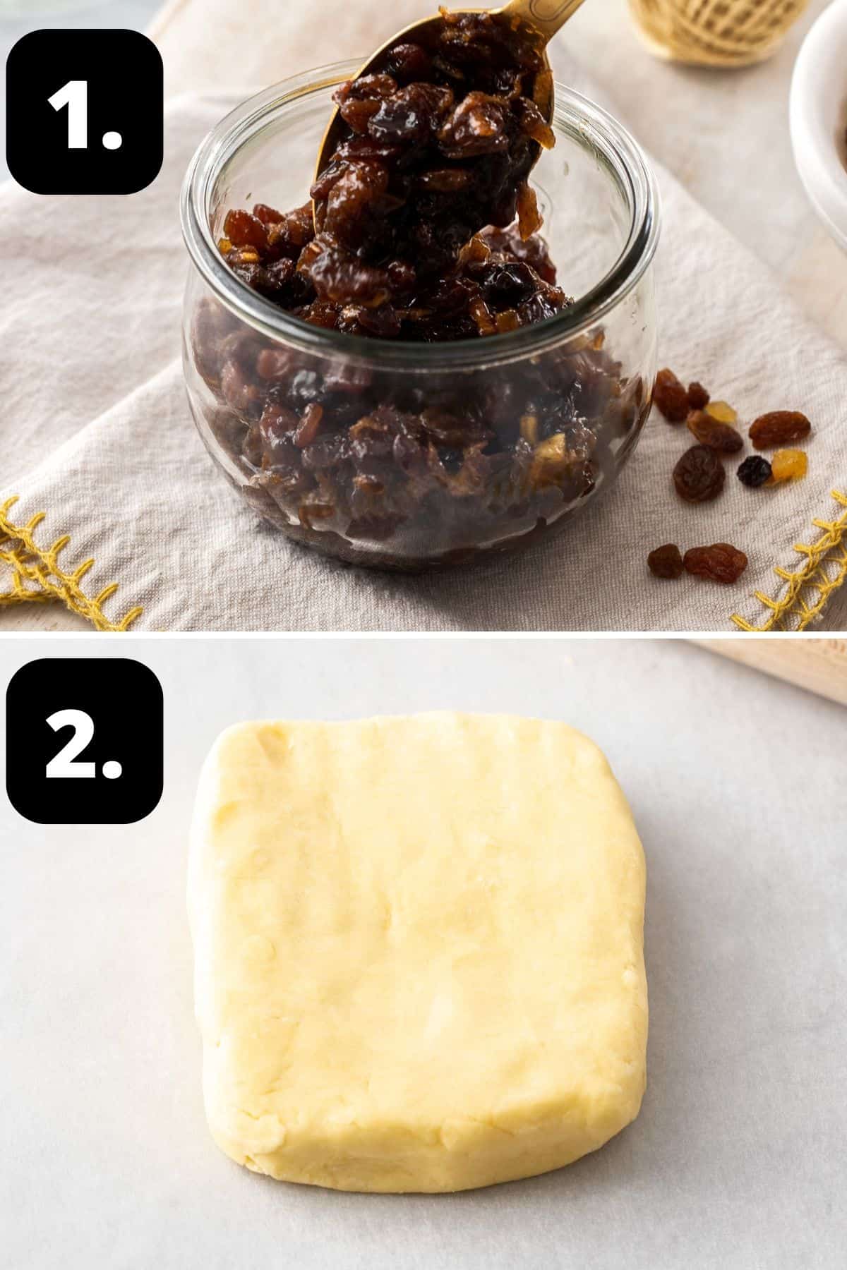 Steps 1-2 of preparing this recipe: the prepared fruit mince in a jar and the pastry ready to be rolled out.