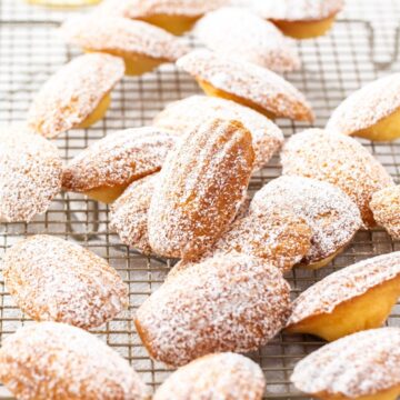 Gluten-Free Lemon Madeleine dusted with icing/powdered sugar, or a cooling rack, which is sitting on a white towel.