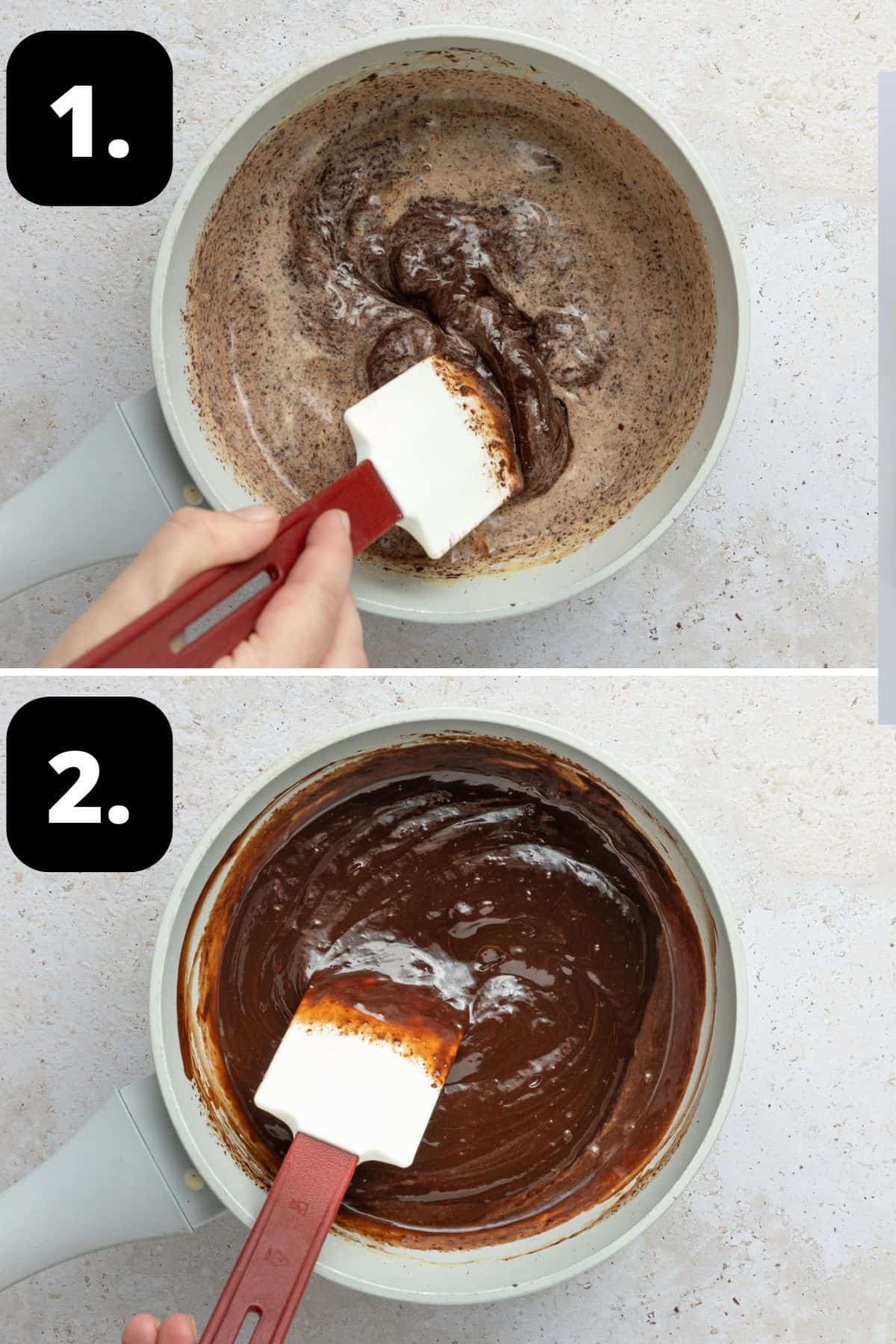 Steps 1-2 of preparing this recipe: stirring the chocolate through warm cream and the smooth chocolate ganache.