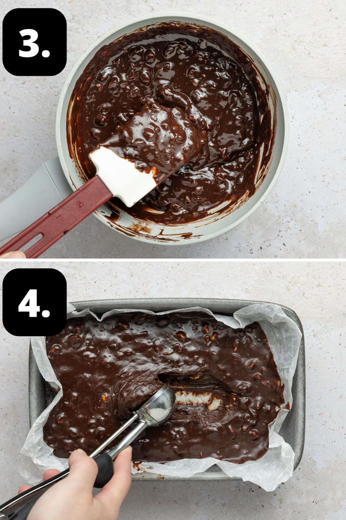 Steps 3-4 of preparing this recipe: stirring the nuts through the ganache and the chilled mixture ready for scooping.