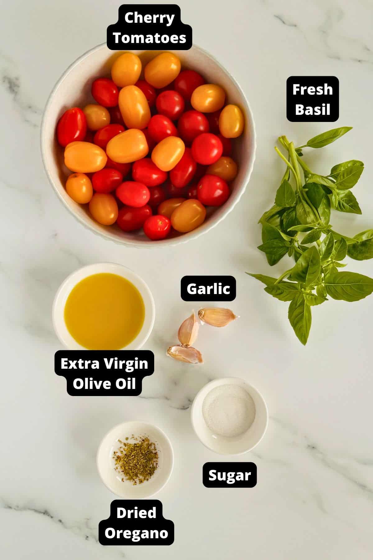 Ingredients in this recipe on a white marble background.