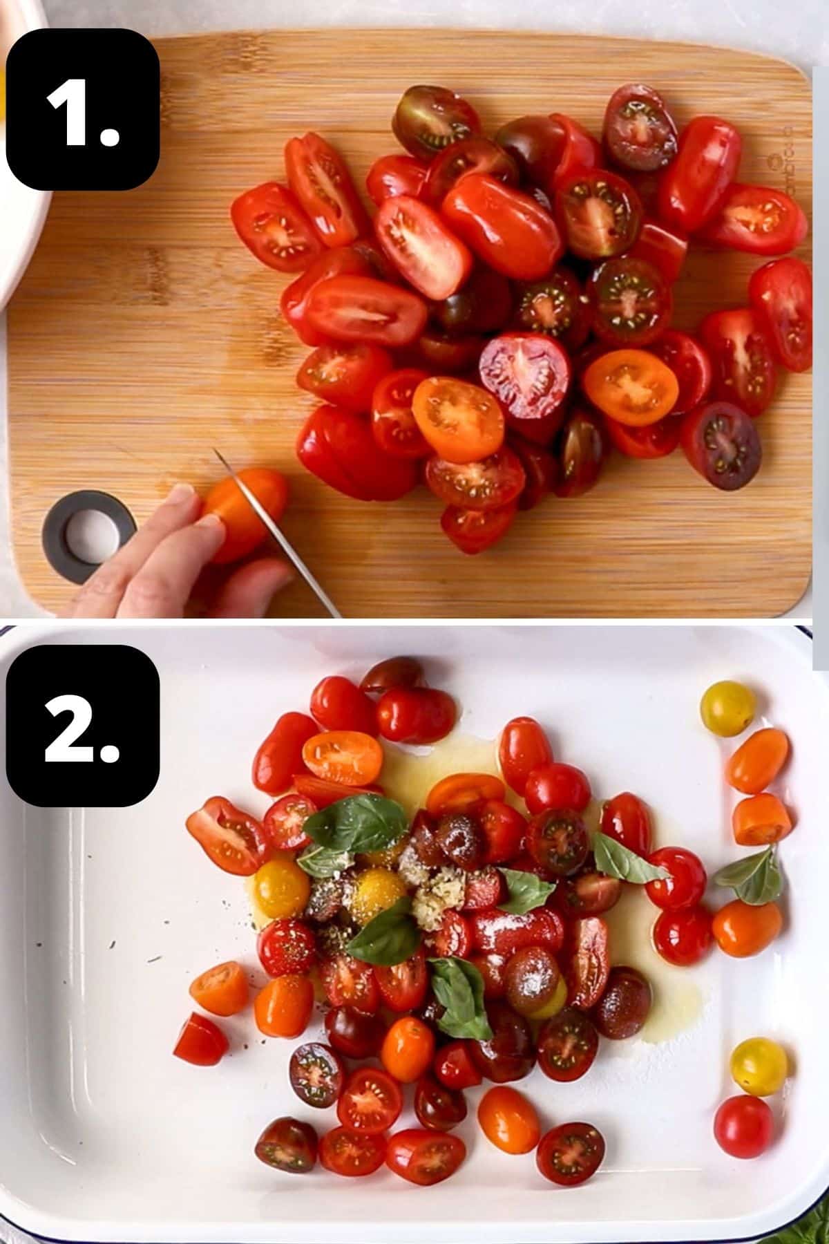 Steps 1-2 of preparing this recipe: slicing the tomatoes and the tomatoes and seasonings in a baking dish.