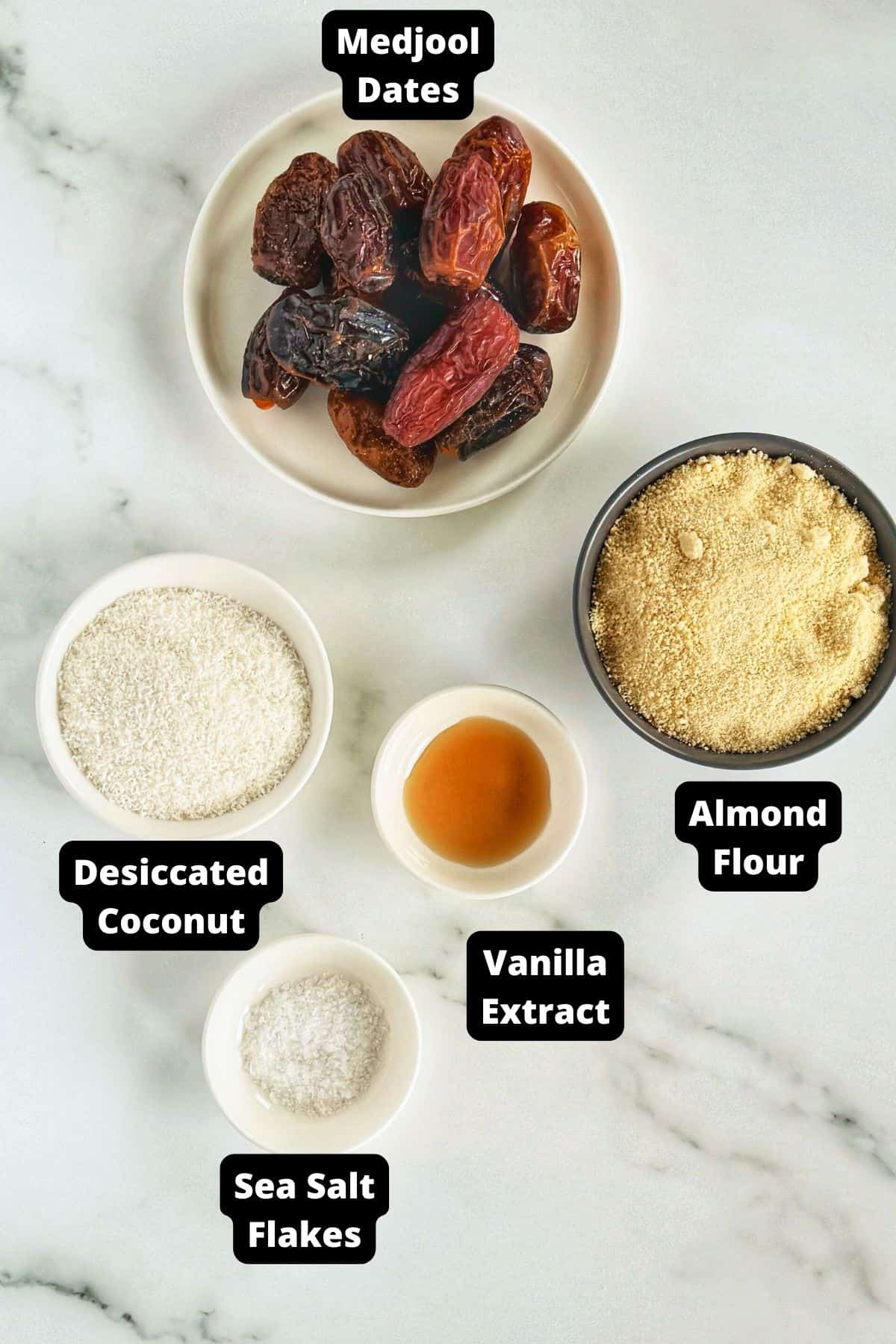 Ingredients in this recipe on a white marble background.