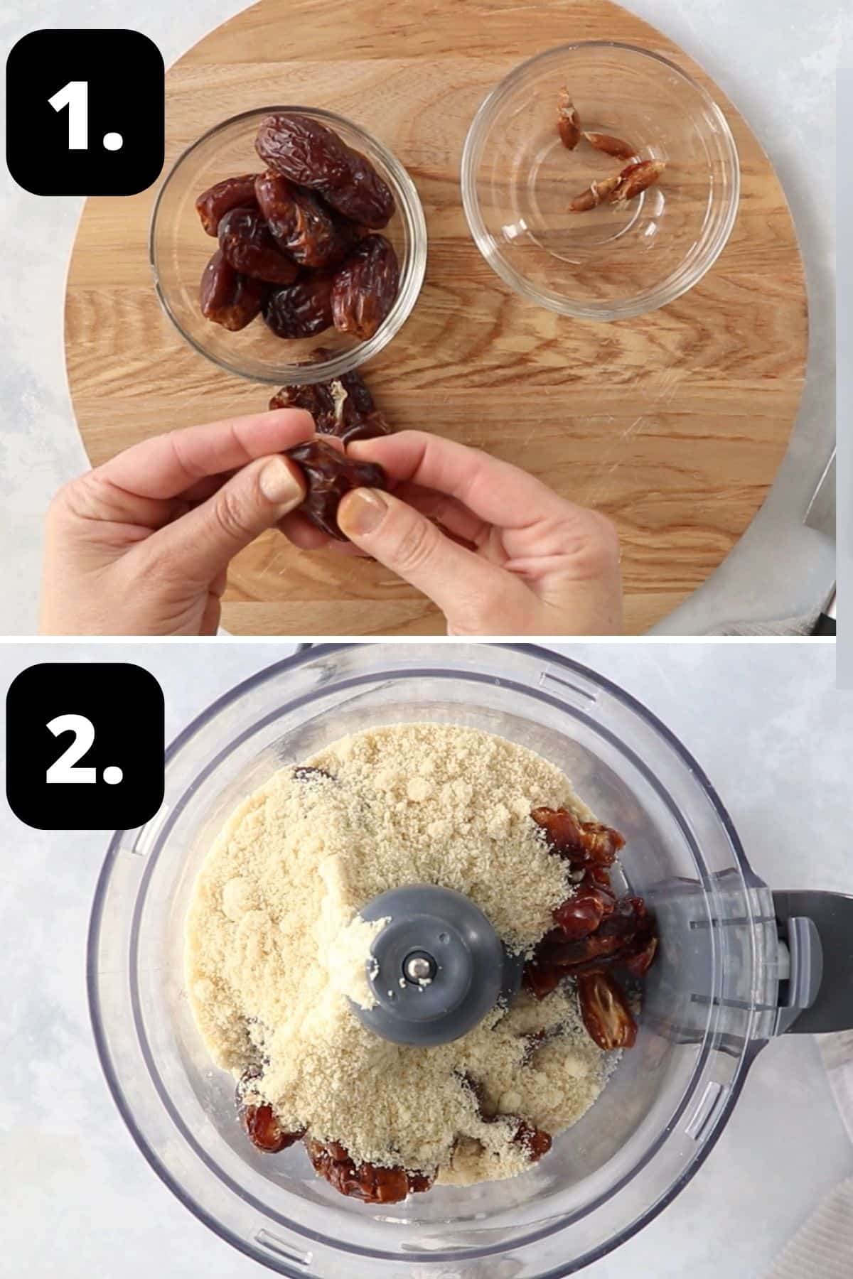 Steps 1-2 of preparing this recipe: removing the seed from the date and the ingredients in a food processor.