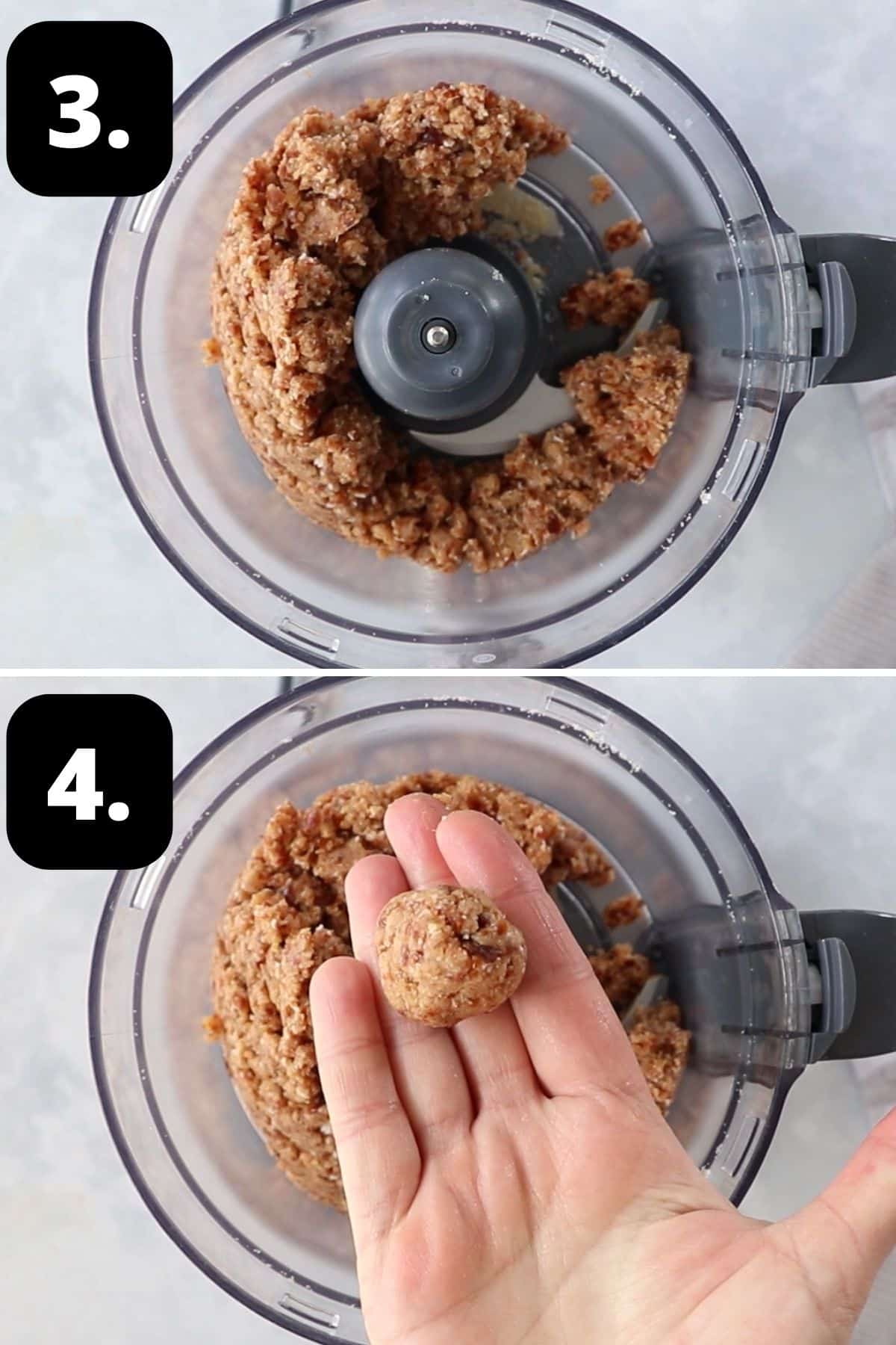 Steps 3-4 of preparing this recipe: the blended mixture in the food processor and rolling the bliss balls.