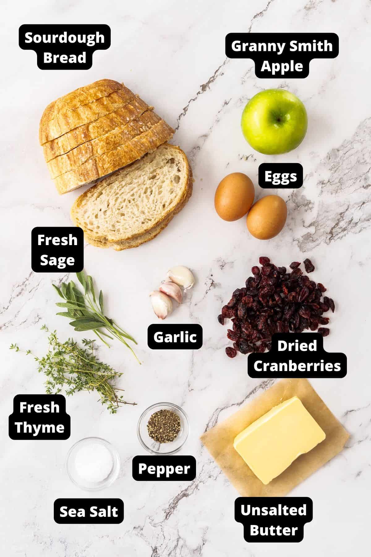 Ingredients in this recipe on a white marble background.