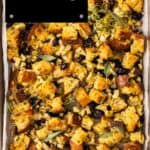 Pinterest image with photo of Crispy Sheet Pan Stuffing.