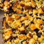 Pinterest image with photo of Crispy Sheet Pan Stuffing.