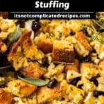 Pinterest image with photo of Crispy Sheet Pan Stuffing.