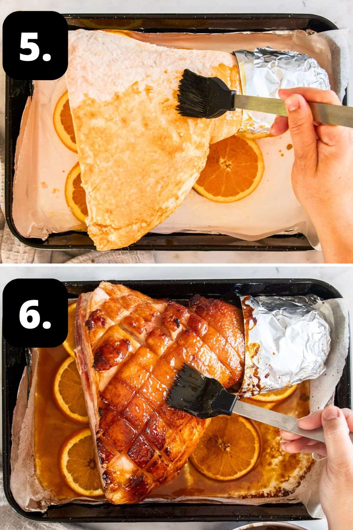 Steps 5-6 of preparing this recipe: brushing the ham with the glaze before the oven and brushing again once it’s been heated.