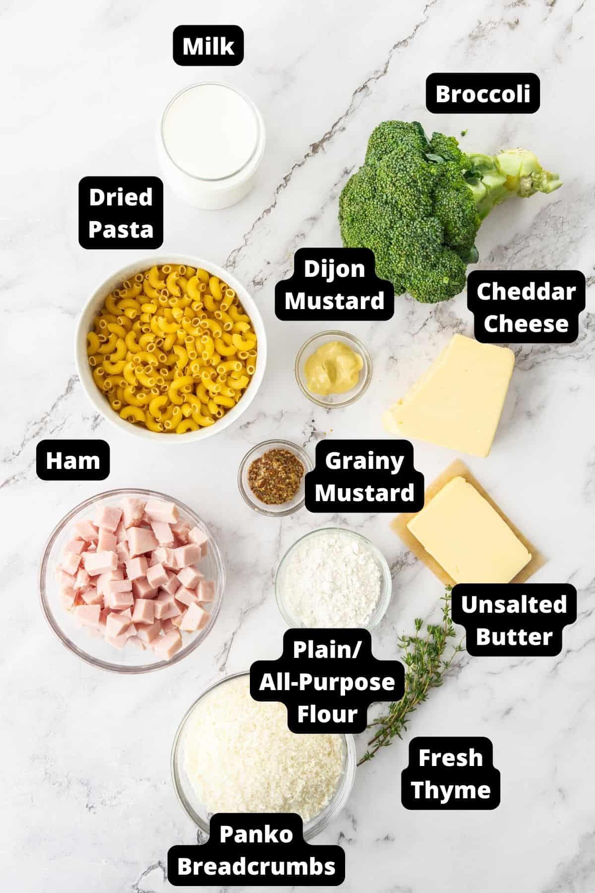 Ingredients in this recipe on a white marble background.