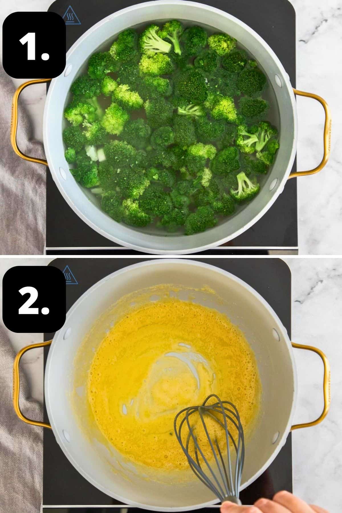 Steps 1-2 of preparing this recipe: par-cooking the broccoli and starting the roux for the sauce.