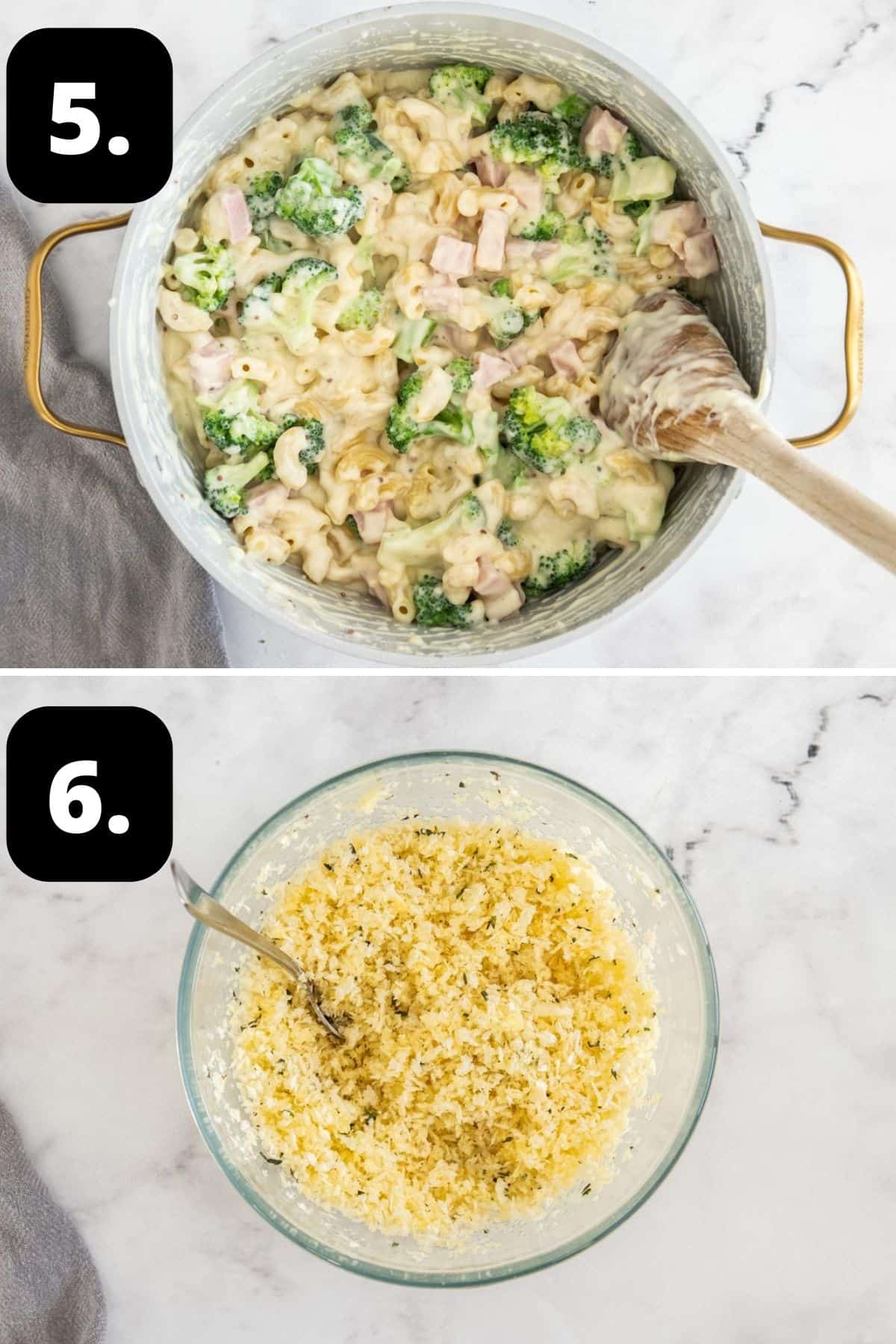 Steps 5-6 of preparing this recipe: the pasta and broccoli combined with the sauce and the breadcrumb topping in a glass bowl.