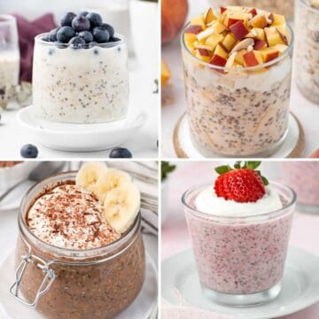 Photo collage of four overnight oats recipes - blueberry, peach, chocolate banana and strawberry.