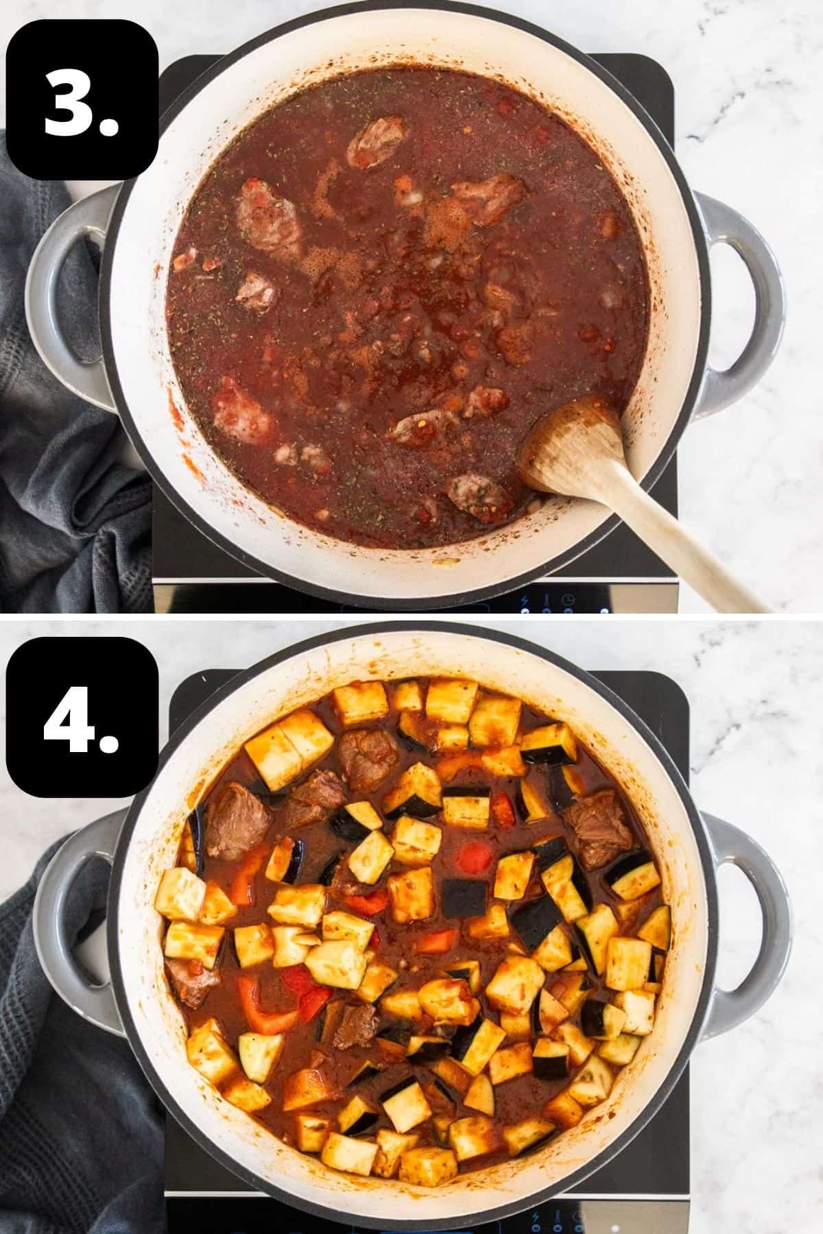 Steps 3-4 of preparing this recipe: the liquids in the saucepan with the lamb and adding in the vegetables.