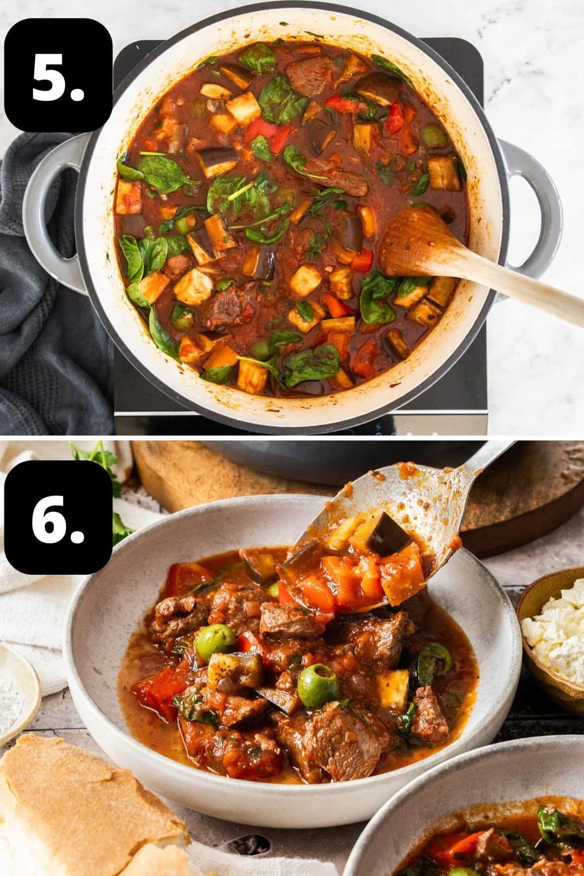 Steps 5-6 of preparing the recipe - stirring through the final ingredients and serving the cooked stew in a bowl.