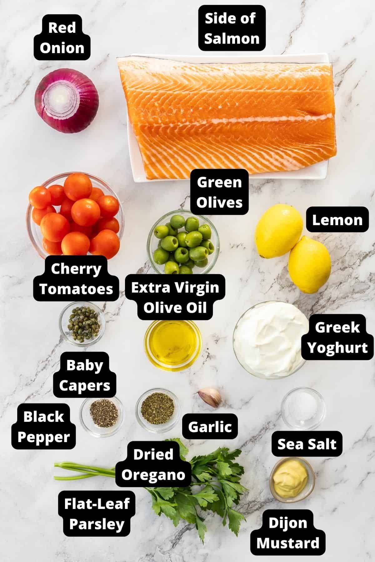 Ingredients in this recipe on a white marble background.