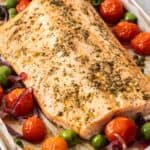 Pinterest image with photo of Mediterranean Salmon.