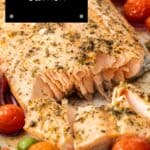 Pinterest image with photo of Mediterranean Salmon.