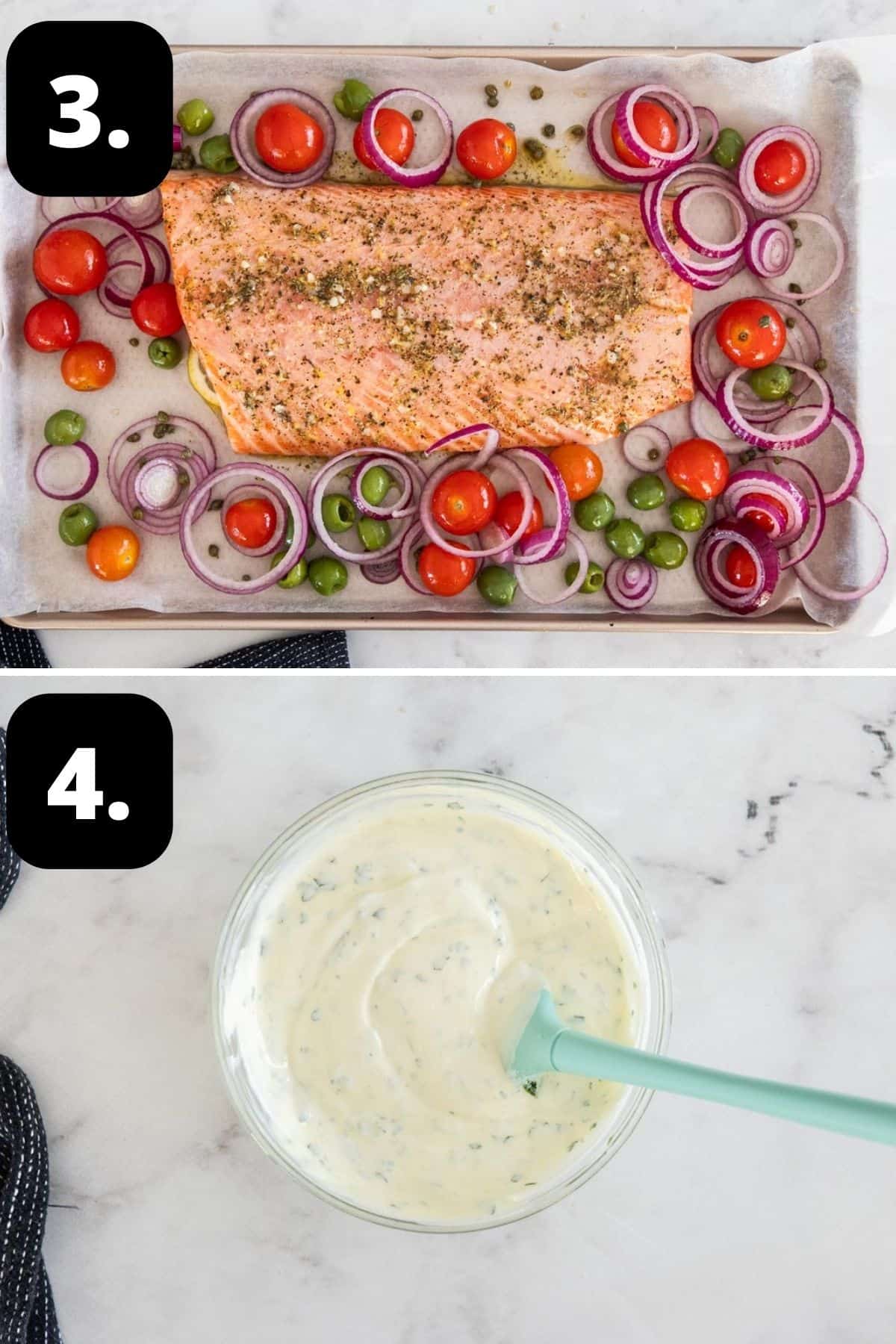 Steps 3-4 of preparing this recipe: salmon and vegetables on a sheet pan and making the yoghurt sauce in a small glass bowl.