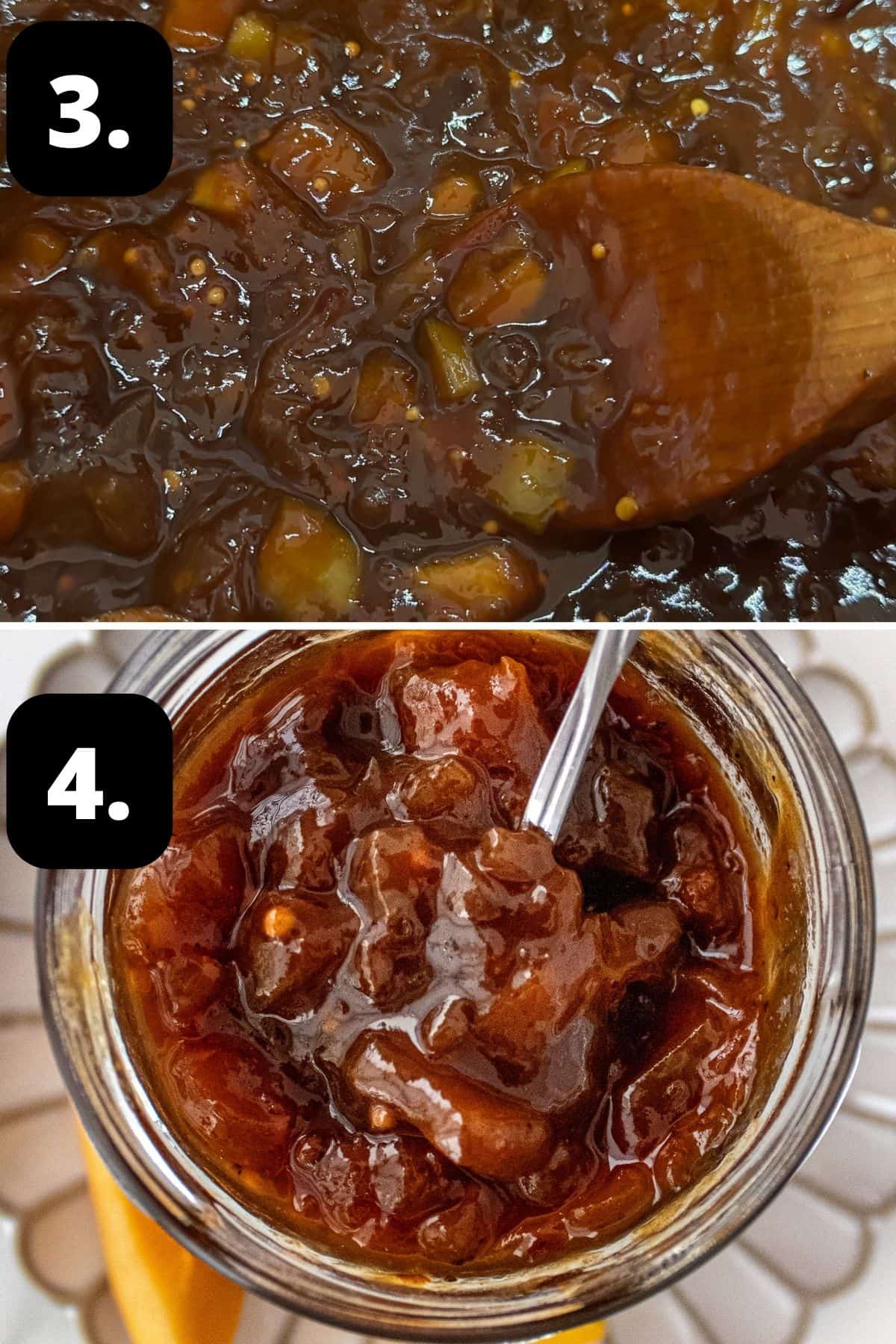 Steps 3-4 of preparing this recipe: the cooked chutney in the pot and the chutney in a glass jar.
