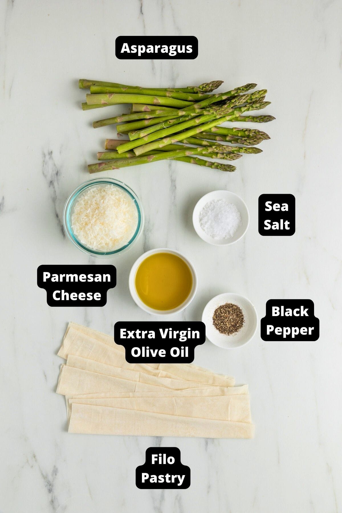 Ingredients in this recipe on a white marble background.