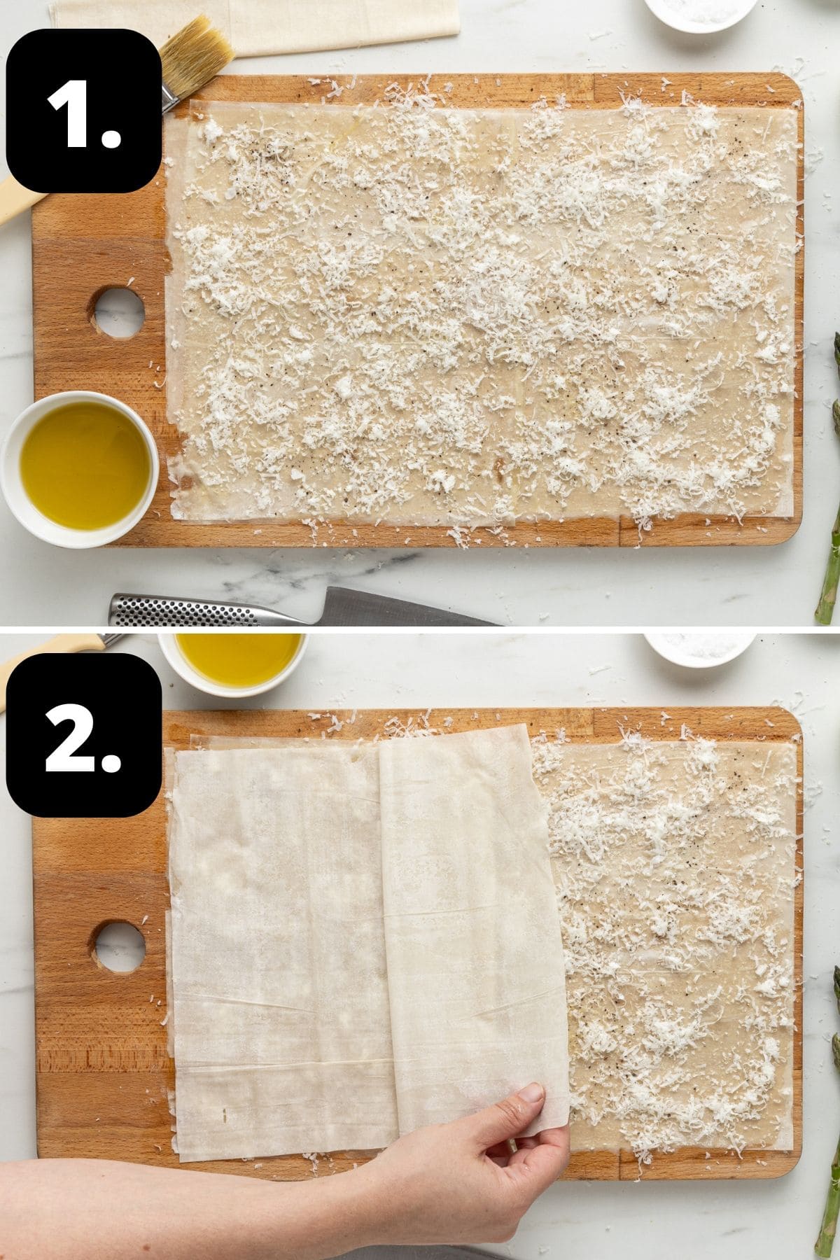 Steps 1-2 of preparing this recipe: preparing the filo pastry with olive oil and Parmesan and adding another layer of pastry.
