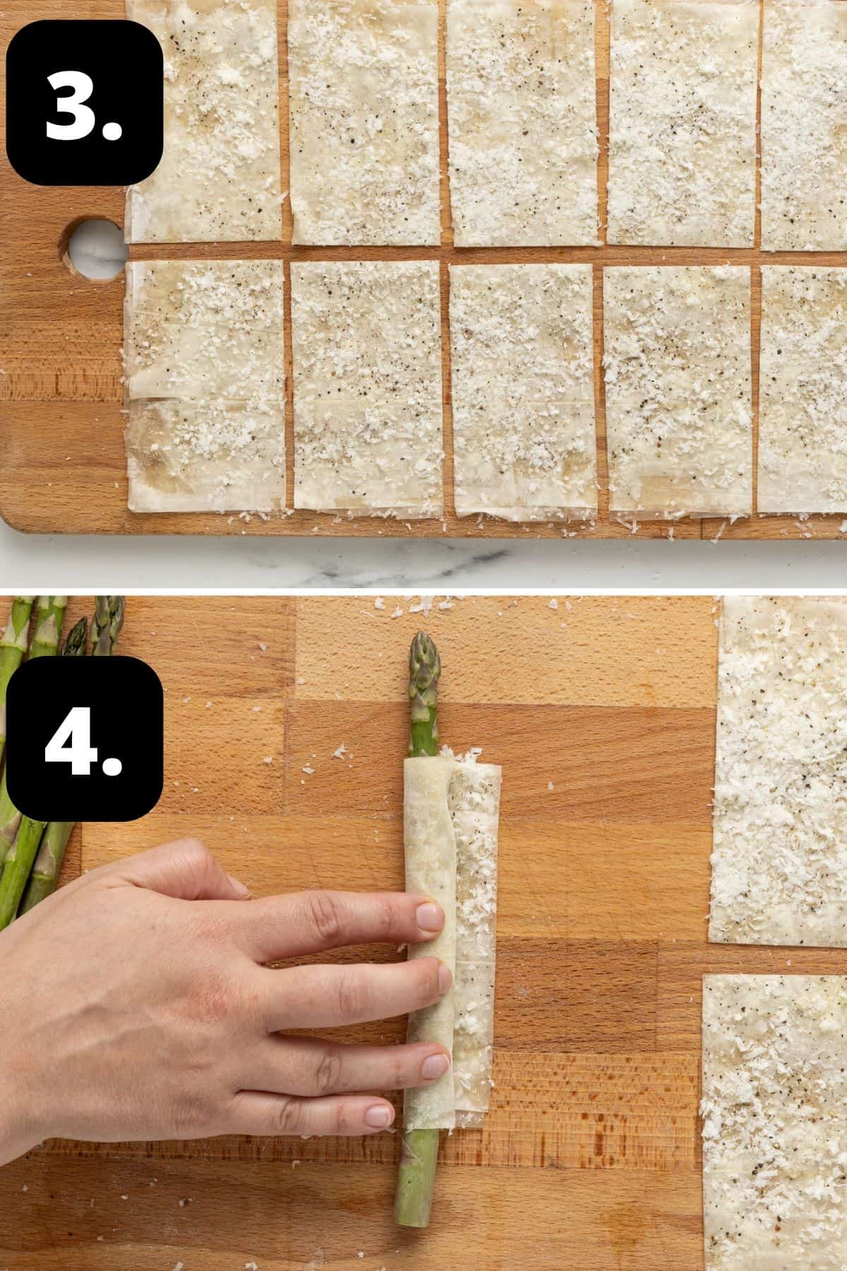 Steps 3-4 of preparing this recipe: the pastry cut into rectangles and rolling the pastry around an asparagus spear.